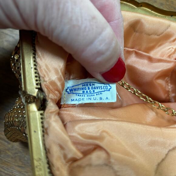 Vintage Whiting & Davis gold mesh evening bag top handle clutch rhinestone clasp - Picture 8 of 13